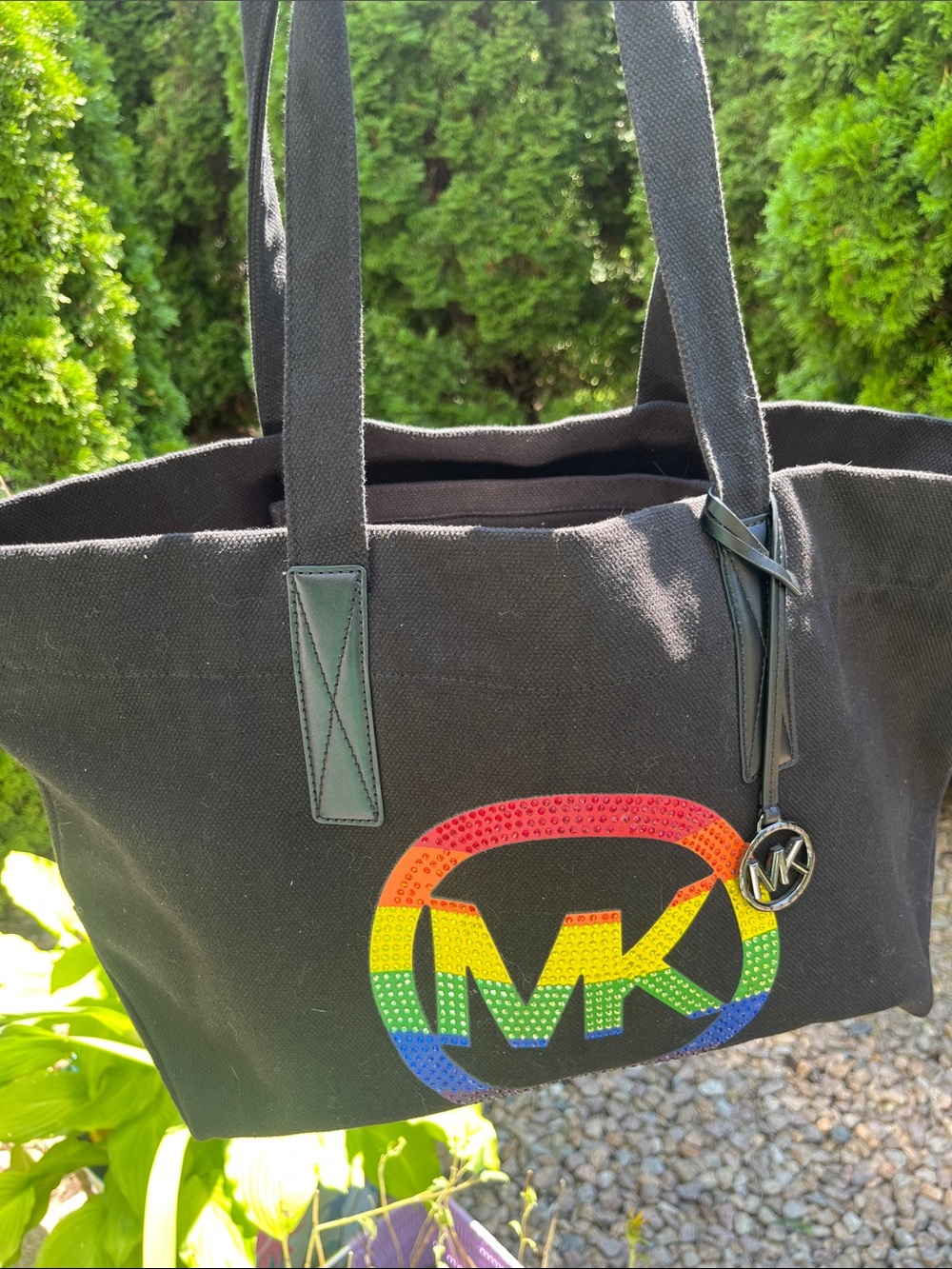 Michael Kors Black Canvas Tote with Rainbow Crystal MK Logo NWOT Like New